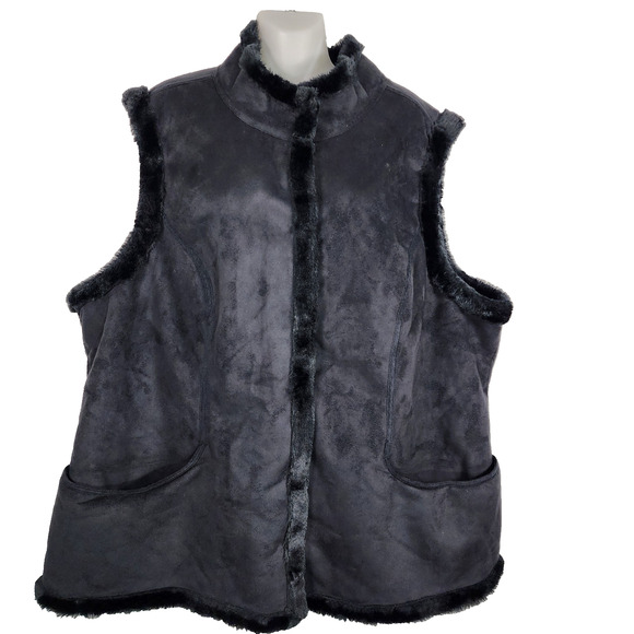 Denim & Co Womens Faux Suede Snap Front Vest Faux Fur Trim Size 1X Black Relaxed - Picture 1 of 10